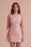 Pink Green Floral Jacquard Boat Neck Bodycon Short Cocktail Dress with Bow