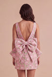 Pink Green Floral Jacquard Boat Neck Bodycon Short Cocktail Dress with Bow