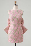 Pink Green Floral Jacquard Boat Neck Bodycon Short Cocktail Dress with Bow