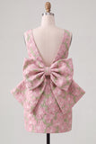 Pink Green Floral Jacquard Boat Neck Bodycon Short Cocktail Dress with Bow