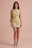 Pink Green Floral Jacquard Boat Neck Bodycon Short Cocktail Dress with Bow