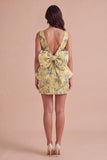 Pink Green Floral Jacquard Boat Neck Bodycon Short Cocktail Dress with Bow