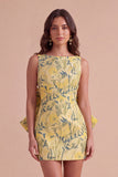 Pink Green Floral Jacquard Boat Neck Bodycon Short Cocktail Dress with Bow
