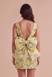 Pink Green Floral Jacquard Boat Neck Bodycon Short Cocktail Dress with Bow