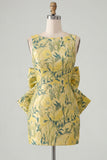 Pink Green Floral Jacquard Boat Neck Bodycon Short Cocktail Dress with Bow