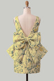 Pink Green Floral Jacquard Boat Neck Bodycon Short Cocktail Dress with Bow