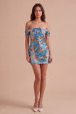 Sparkly Sequins Blue Floral Bodycon Off the Shoulder Short Cocktail Dress