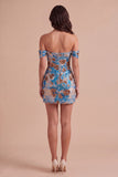 Sparkly Sequins Blue Floral Bodycon Off the Shoulder Short Cocktail Dress