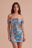 Sparkly Sequins Blue Floral Bodycon Off the Shoulder Short Cocktail Dress
