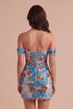 Sparkly Sequins Blue Floral Bodycon Off the Shoulder Short Cocktail Dress