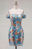 Sparkly Sequins Blue Floral Bodycon Off the Shoulder Short Cocktail Dress
