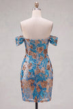 Sparkly Sequins Blue Floral Bodycon Off the Shoulder Short Cocktail Dress