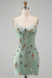 Sparkly Beaded Sage Green Floral Bodycon Spaghetti Straps Short Cocktail Dress