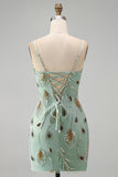 Sparkly Beaded Sage Green Floral Bodycon Spaghetti Straps Short Cocktail Dress
