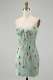 Sparkly Beaded Sage Green Floral Bodycon Spaghetti Straps Short Cocktail Dress