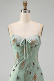 Sparkly Beaded Sage Green Floral Bodycon Spaghetti Straps Short Cocktail Dress