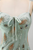 Sparkly Beaded Sage Green Floral Bodycon Spaghetti Straps Short Cocktail Dress