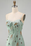 Sparkly Beaded Sage Green Floral Bodycon Spaghetti Straps Short Cocktail Dress