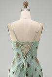 Sparkly Beaded Sage Green Floral Bodycon Spaghetti Straps Short Cocktail Dress