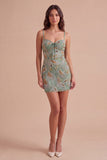 Sparkly Beaded Sage Green Floral Bodycon Spaghetti Straps Short Cocktail Dress