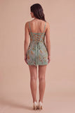 Sparkly Beaded Sage Green Floral Bodycon Spaghetti Straps Short Cocktail Dress