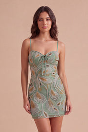 Sparkly Beaded Sage Green Floral Bodycon Spaghetti Straps Short Cocktail Dress