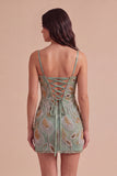 Sparkly Beaded Sage Green Floral Bodycon Spaghetti Straps Short Cocktail Dress