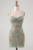 Sparkly Beaded Sage Green Floral Bodycon Spaghetti Straps Short Cocktail Dress