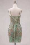 Sparkly Beaded Sage Green Floral Bodycon Spaghetti Straps Short Cocktail Dress