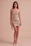Champagne Black Dot Sparkly Sequins Bodycon Short Cocktail Dress with Sash