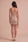 Champagne Black Dot Sparkly Sequins Bodycon Short Cocktail Dress with Sash