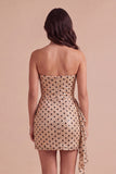 Champagne Black Dot Sparkly Sequins Bodycon Short Cocktail Dress with Sash