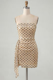 Champagne Black Dot Sparkly Sequins Bodycon Short Cocktail Dress with Sash
