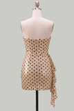 Champagne Black Dot Sparkly Sequins Bodycon Short Cocktail Dress with Sash
