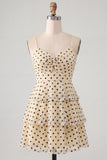 Sparkly Sequins Champagne Black Dot Ruffled A-Line Short Cocktail Dress