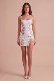 White Sparkly Sequins Floral Bodycon Short Cocktail Dress with Slit