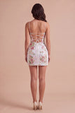 White Sparkly Sequins Floral Bodycon Short Cocktail Dress with Slit