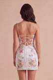 White Sparkly Sequins Floral Bodycon Short Cocktail Dress with Slit