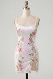 White Sparkly Sequins Floral Bodycon Short Cocktail Dress with Slit