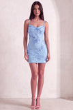 Blue Floral Appliqued Bodycon Ruched Short Cocktail Dress
