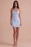 Blue Floral Appliqued Bodycon Ruched Short Cocktail Dress