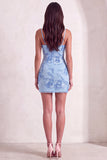 Blue Floral Appliqued Bodycon Ruched Short Cocktail Dress