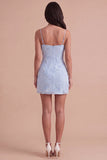 Blue Floral Appliqued Bodycon Ruched Short Cocktail Dress