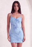Blue Floral Appliqued Bodycon Ruched Short Cocktail Dress