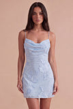 Blue Floral Appliqued Bodycon Ruched Short Cocktail Dress