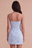Blue Floral Appliqued Bodycon Ruched Short Cocktail Dress