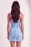 Blue Floral Appliqued Bodycon Ruched Short Cocktail Dress