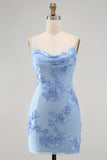 Blue Floral Appliqued Bodycon Ruched Short Cocktail Dress