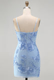Blue Floral Appliqued Bodycon Ruched Short Cocktail Dress