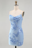 Blue Floral Appliqued Bodycon Ruched Short Cocktail Dress